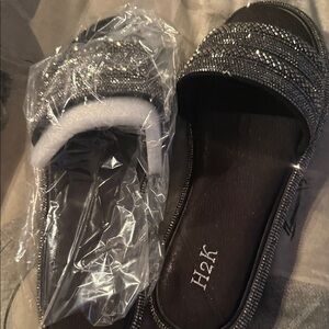 Women's Black Beaded Slide Sandals